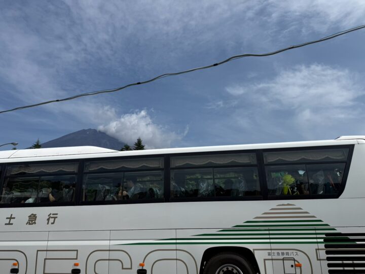 White bus with dark windows and green stripe along the side, parked with passengers visible inside; a blue sky, string lights overhead, and a mountain in the distance behind the bus.